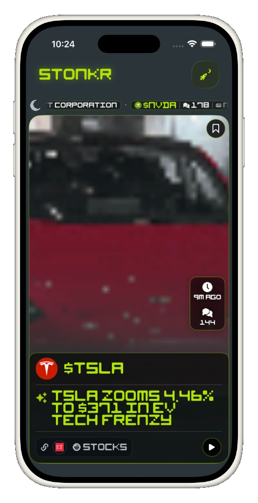 Stonkr on iPhone: trending tickers, AI headline, and feed